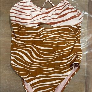 Brown and White Striped Swimsuit